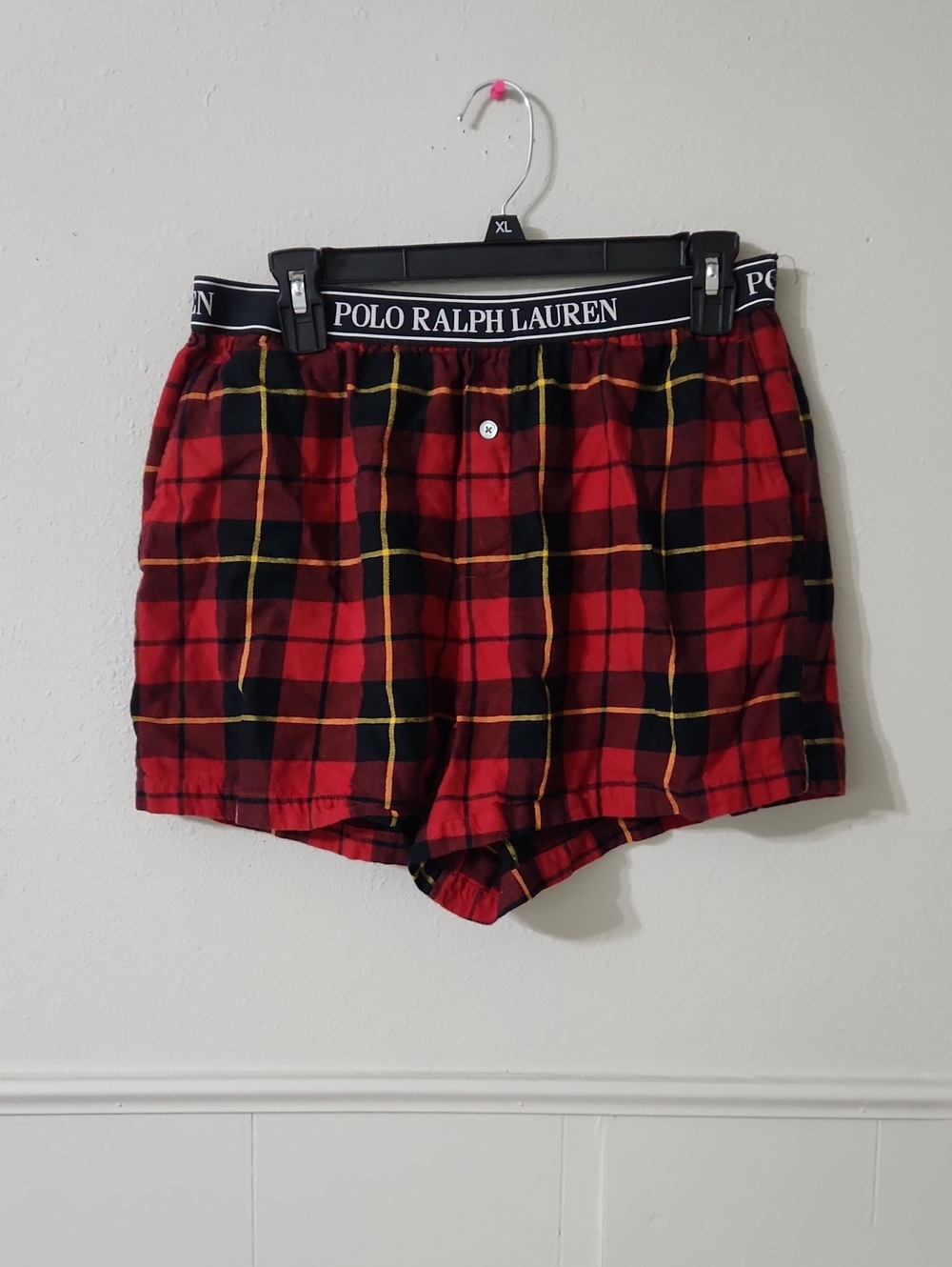 Polo by Ralph Lauren Red and Black Plaid Boxer Shorts with Yellow Stripe